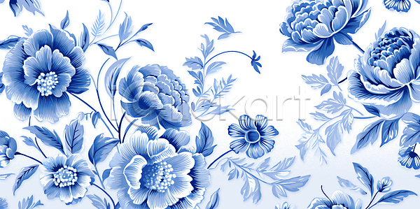 빈티지 클래식 사람없음 PSD 일러스트 꽃 모란 유럽풍 잎 작약 파란색 패턴