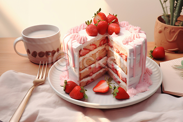 사람없음 JPG 편집이미지 단면 디저트 딸기 딸기케이크 우유 케이크 포크