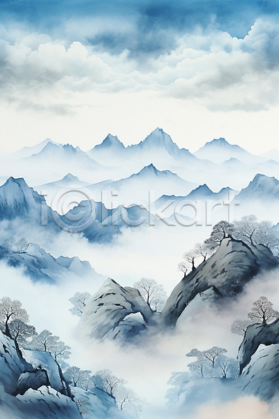 사람없음 JPG 일러스트 겨울 구름(자연) 나무 동양화 바위산 백그라운드 산맥 산수화 설경 소나무 안개 운해 파란색 풍경(경치)
