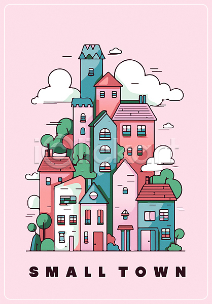 사람없음 AI(파일형식) 라인일러스트 편집이미지 건물 구름(자연) 나무 마을 분홍색 주택