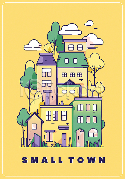 사람없음 AI(파일형식) 라인일러스트 편집이미지 건물 구름(자연) 나무 노란색 마을 주택