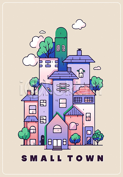 사람없음 AI(파일형식) 라인일러스트 편집이미지 건물 구름(자연) 나무 마을 보라색 주택