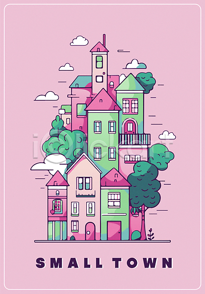 사람없음 AI(파일형식) 라인일러스트 편집이미지 건물 구름(자연) 나무 마을 분홍색 주택