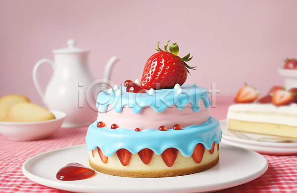 달콤 사람없음 JPG 편집이미지 디저트 딸기 딸기케이크 빨간색 잎 접시 케이크