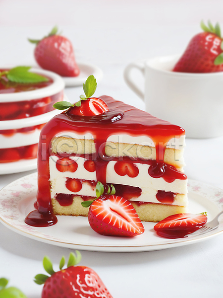 달콤 사람없음 JPG 편집이미지 단면 디저트 딸기 딸기케이크 빨간색 잎 접시 조각케이크 케이크
