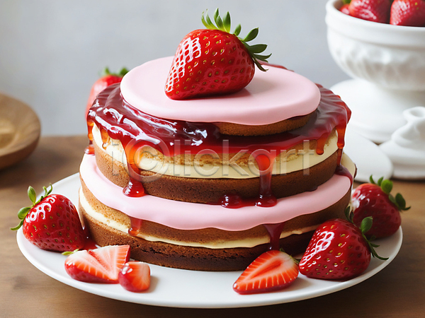 달콤 사람없음 JPG 편집이미지 단면 디저트 딸기 딸기케이크 빨간색 잎 접시 케이크