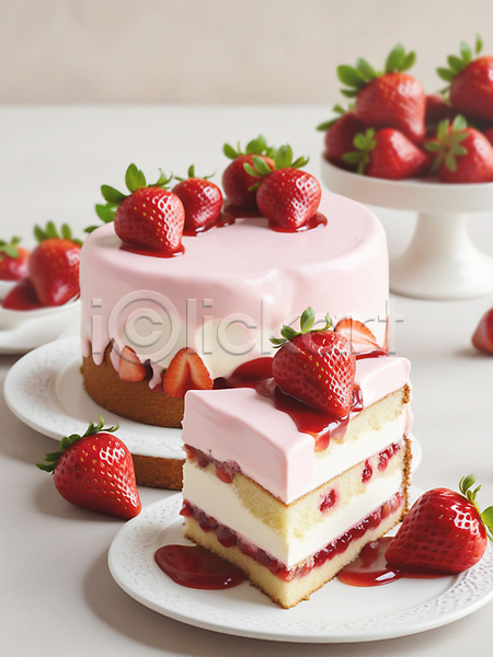 달콤 사람없음 JPG 편집이미지 단면 디저트 딸기 딸기케이크 빨간색 잎 접시 조각케이크 케이크