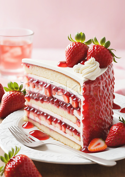 달콤 사람없음 JPG 편집이미지 단면 디저트 딸기 딸기케이크 빨간색 음료 잎 잔 접시 조각케이크 케이크 포크