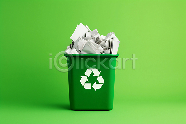사람없음 JPG 디지털합성 편집이미지 쓰레기 쓰레기통 업사이클링 재활용 재활용표시 종이 초록배경 친환경