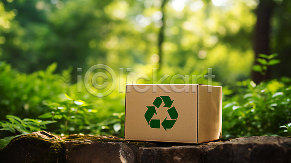 사람없음 JPG 디지털합성 편집이미지 상자 숲속 식물 업사이클링 재활용 재활용표시 친환경