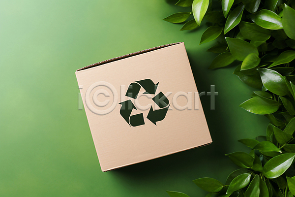사람없음 JPG 디지털합성 편집이미지 상자 식물 업사이클링 잎 재활용 재활용표시 초록배경 친환경