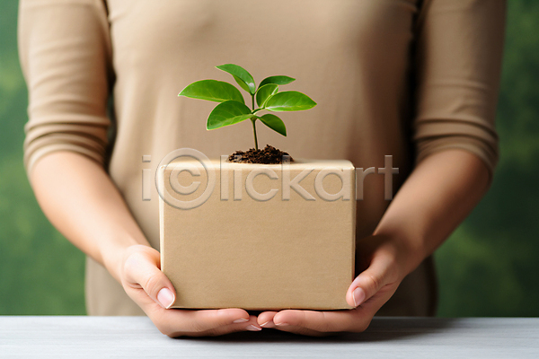 성인 성인여자한명만 여자 한명 JPG 디지털합성 앞모습 편집이미지 들기 상반신 상자 새싹 식물 업사이클링 재활용 재활용표시 친환경 흙