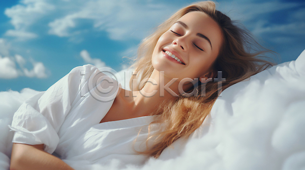 편안함 행복 휴식 성인 성인여자한명만 여자 한명 JPG 편집이미지 구름(자연) 눈감음 눕기 미소(표정) 베개 상반신 수면 숙면 잠 회복