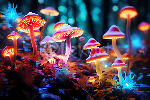신비 사람없음 JPG 편집이미지 나무 네온 독(독극물) 독버섯 반짝임 버섯 빛 숲 야간 판타지 환상