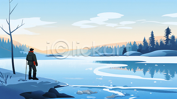 남자 성인 성인남자한명만 한명 PSD 일러스트 겨울 겨울풍경 나무 빙판 산 아웃도어 얼음 전신 파란색 풍경(경치) 하늘 호수