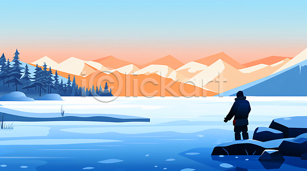남자 성인 성인남자한명만 한명 PSD 일러스트 겨울 겨울풍경 나무 노을 빙판 산 아웃도어 얼음 전신 파란색 풍경(경치) 하늘 호수