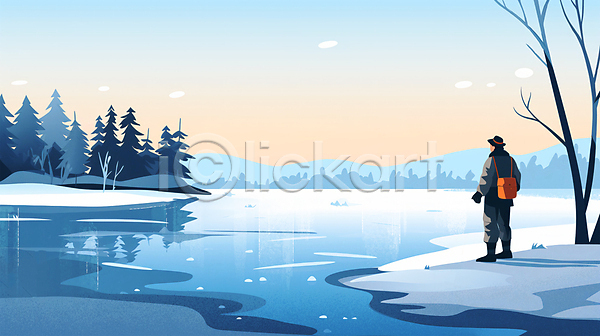 남자 성인 성인남자한명만 한명 PSD 일러스트 겨울 겨울풍경 나무 빙판 아웃도어 얼음 전신 파란색 풍경(경치) 하늘 호수