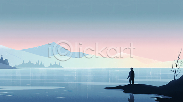남자 성인 성인남자한명만 한명 PSD 일러스트 겨울 겨울풍경 나무 노을 빙판 산 아웃도어 얼음 전신 파란색 풍경(경치) 하늘 호수