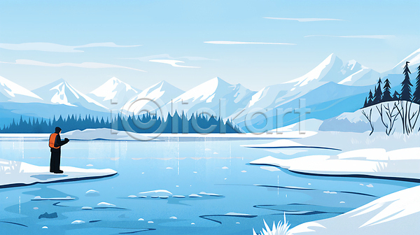 남자 성인 성인남자한명만 한명 PSD 일러스트 겨울 겨울풍경 나무 빙판 산 아웃도어 얼음 전신 파란색 풍경(경치) 하늘 호수