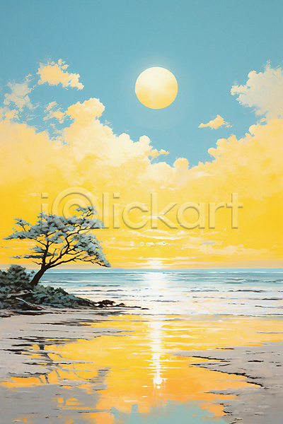 사람없음 JPG 일러스트 구름(자연) 나무 바다 일몰 자연 태양 풍경(경치) 해변