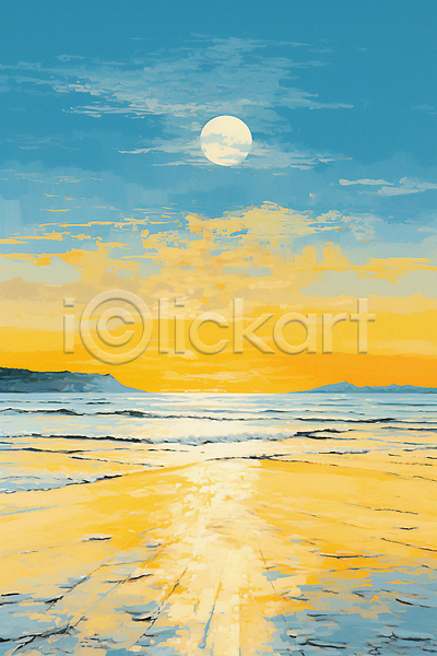 사람없음 JPG 일러스트 노란색 바다 반사 섬 자연 태양 파도 풍경(경치) 하늘색 해변
