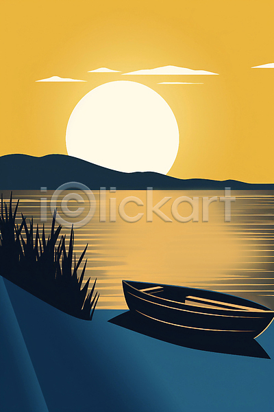사람없음 JPG 일러스트 노란색 보트 일몰 자연 태양 풀잎 풍경(경치) 하늘 호수