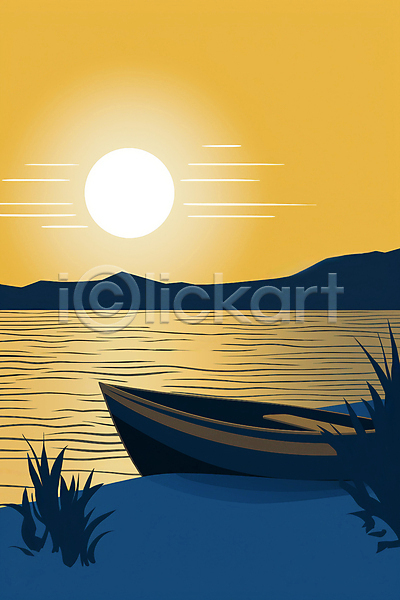 사람없음 JPG 일러스트 노란색 보트 일몰 자연 태양 풀잎 풍경(경치) 하늘 호수