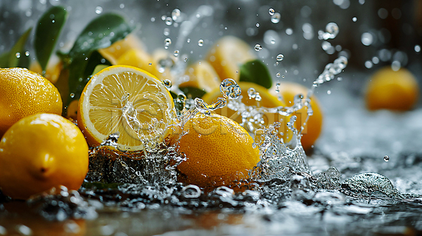 상쾌 사람없음 JPG 디지털합성 편집이미지 노란색 레몬 물 물방울 생동감 수분 스플래쉬 신선함 싱그러움 잎 편집소스