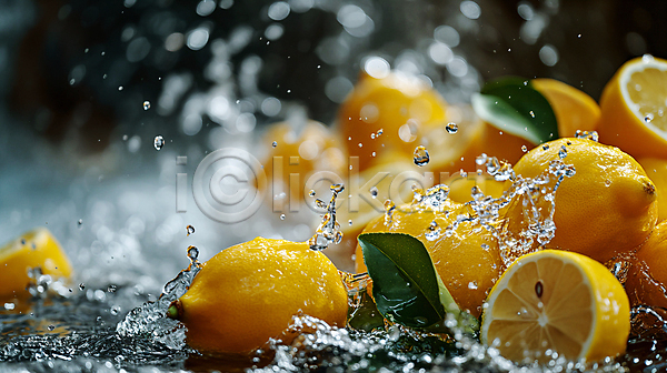 상쾌 사람없음 JPG 디지털합성 편집이미지 노란색 레몬 물 물방울 생동감 수분 스플래쉬 신선함 싱그러움 편집소스