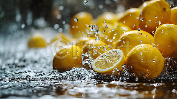 상쾌 사람없음 JPG 디지털합성 편집이미지 노란색 레몬 물 물방울 생동감 수분 스플래쉬 신선함 싱그러움 편집소스