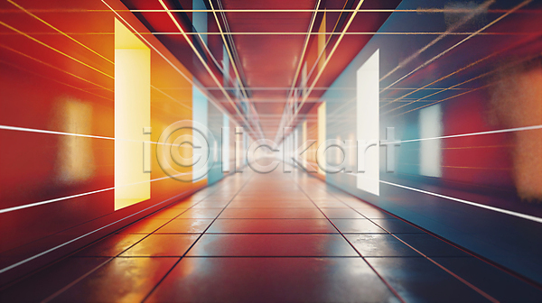 미래 사람없음 JPG 디지털합성 편집이미지 건축 공간 내부 모던 반사 백그라운드 복도 빛 유리 조명 주황색 편집소스