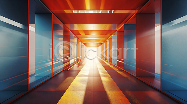 미래 사람없음 JPG 디지털합성 편집이미지 건축 공간 내부 모던 반사 백그라운드 복도 빛 유리 조명 주황색 편집소스
