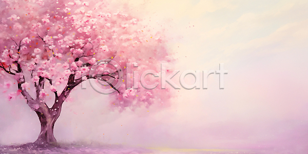사람없음 JPG 일러스트 번짐 벚꽃 벚나무 봄 봄꽃 봄풍경 분홍색 유화 자연 풍경(경치) 하늘