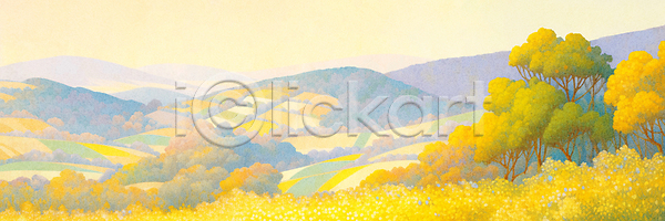 사람없음 JPG 일러스트 개나리 꽃밭 나무 민들레 봄 산 산수유 유채 유화 자연 초원(자연) 풍경(경치) 프리지어 하늘 한련화