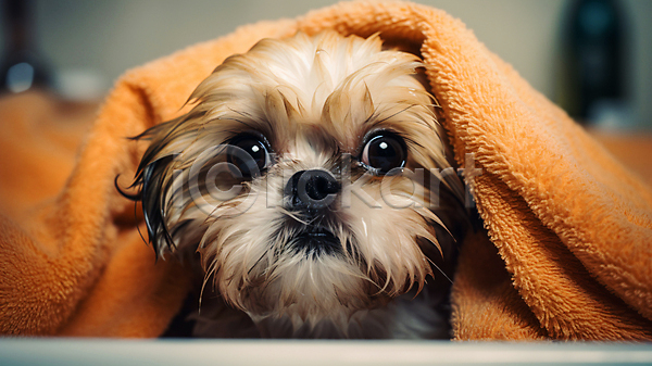 사람없음 JPG 디지털합성 편집이미지 강아지 덮기 목욕 반려견 수건 애견미용 욕조 한마리