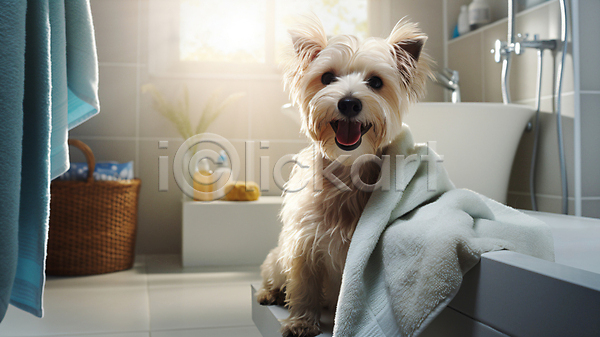 사람없음 JPG 디지털합성 편집이미지 강아지 덮기 목욕 반려견 수건 애견미용 욕실 욕조 한마리 햇빛