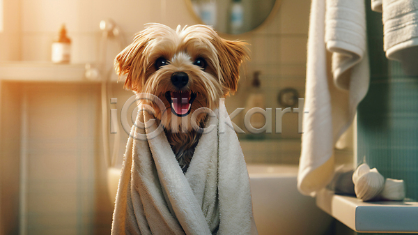 사람없음 JPG 디지털합성 편집이미지 강아지 덮기 목욕 반려견 빛 수건 실내 애견미용 욕실 욕조 한마리