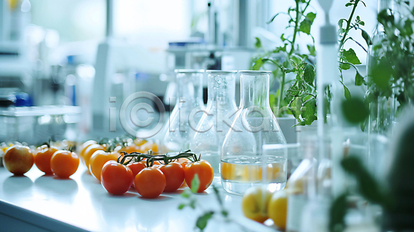 사람없음 JPG 디지털합성 편집이미지 GMO 개발 과일 변이 실험 실험실 연구소 유전공학 유전자변형 음식 채소 토마토 플라스크