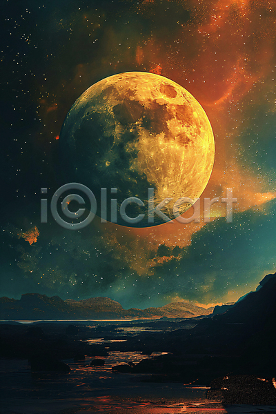 신비 사람없음 JPG 디지털합성 편집이미지 구름(자연) 달 밤하늘 백그라운드 별빛 산맥 편집소스 호수 혼합 황혼