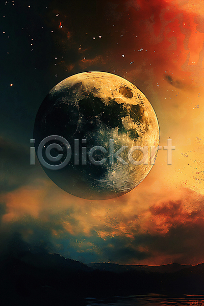 신비 사람없음 JPG 디지털합성 편집이미지 구름(자연) 달 밤하늘 백그라운드 별빛 산맥 편집소스 혼합 황혼