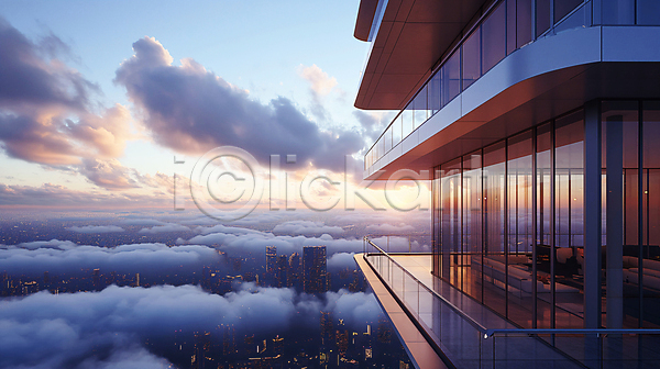 고급 사람없음 JPG 디지털합성 편집이미지 고층빌딩 구름(자연) 도시 발코니 일몰 편집소스 풍경(경치) 하늘 햇빛 현대건축