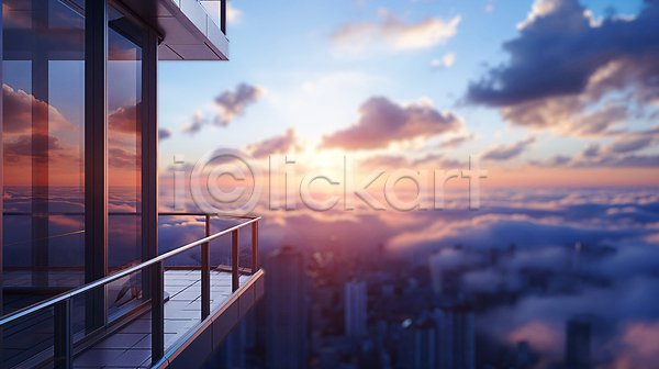 고급 사람없음 JPG 디지털합성 아웃포커스 편집이미지 고층빌딩 구름(자연) 도시 발코니 일몰 편집소스 풍경(경치) 하늘 햇빛 현대건축