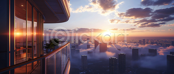 고급 사람없음 JPG 디지털합성 편집이미지 고층빌딩 구름(자연) 도시 발코니 식물 일몰 편집소스 풍경(경치) 하늘 햇빛 현대건축