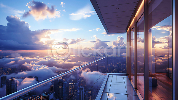 고급 사람없음 JPG 디지털합성 편집이미지 고층빌딩 구름(자연) 도시 발코니 일몰 편집소스 풍경(경치) 하늘 햇빛 현대건축