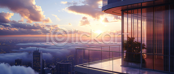 고급 사람없음 JPG 디지털합성 편집이미지 고층빌딩 구름(자연) 도시 발코니 식물 일몰 편집소스 풍경(경치) 하늘 햇빛 현대건축