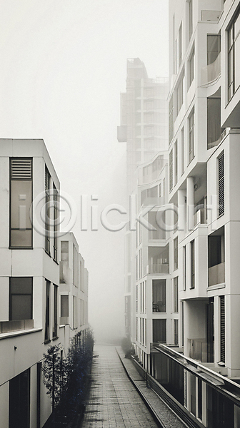 사람없음 JPG 디지털합성 아웃포커스 입체 편집이미지 거리 건축물 고층빌딩 길 나무 도시 디테일 안개 조경 편집소스 흰색