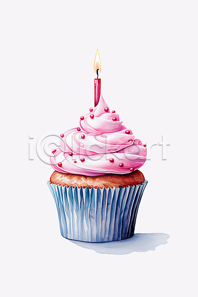 달콤 축하 사람없음 PSD 일러스트 분홍색 생크림 수채화(물감) 초 촛불 컵케이크 케이크