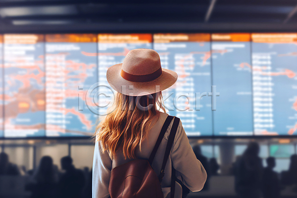 성인 성인여자한명만 여자 한명 JPG 뒷모습 편집이미지 공항 기다림 모자(잡화) 상반신 여행 전광판
