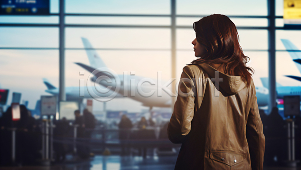 성인 성인여자한명만 여자 한명 JPG 뒷모습 편집이미지 공항 기다림 비행기 상반신 여행 창문