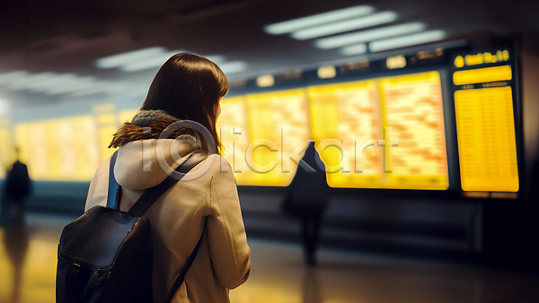 성인 성인여자한명만 여자 한명 JPG 뒷모습 편집이미지 가방 공항 기다림 노란색 비행기 상반신 여행 전광판